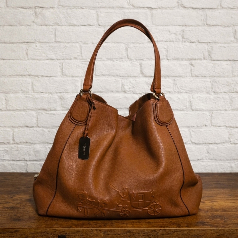 Coach Edie  Brown Leather Embossed Horse And Carriage Bag